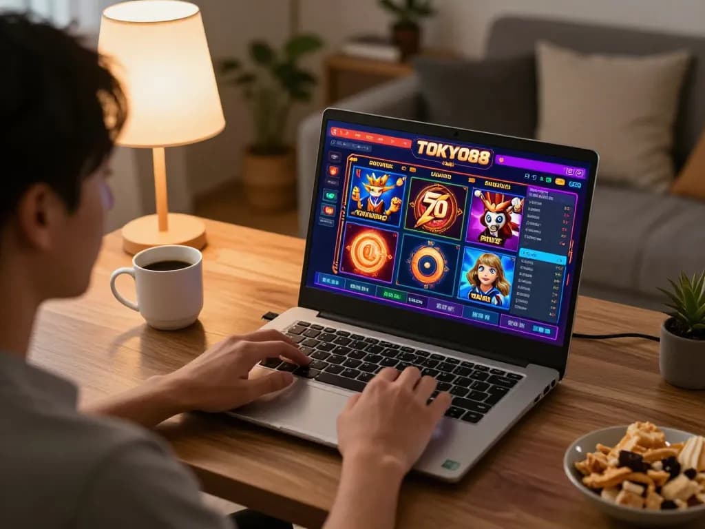 Pengalaman permainan online yang menarik di slot TOKYO88 yang ditampilkan di layar laptop dengan suasana yang nyaman.