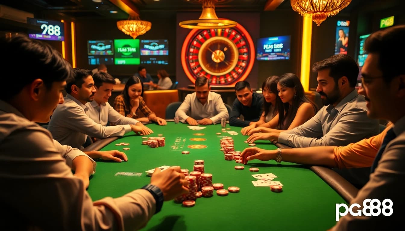 Players enjoying a thrilling poker game at pg88 casino with vibrant chips and cards.