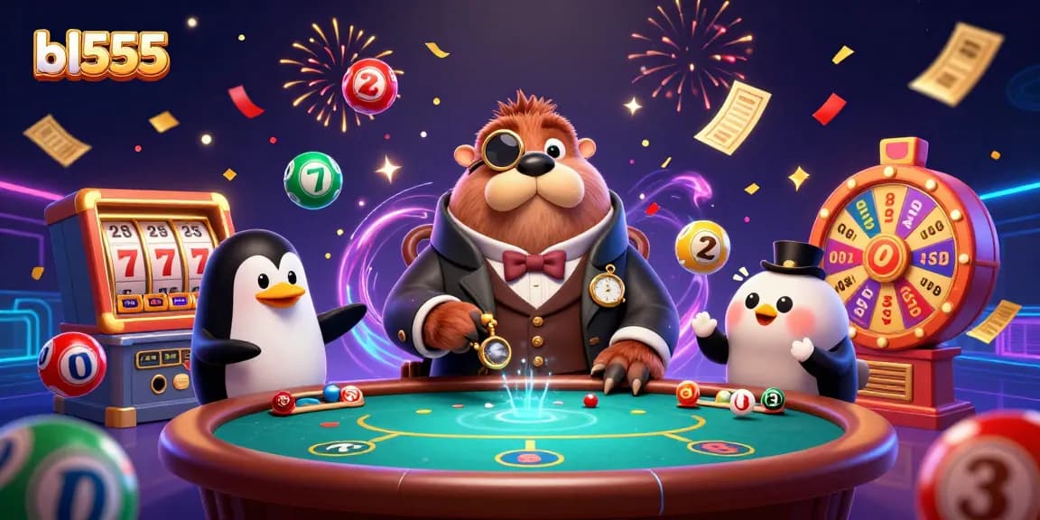 Experience vibrant entertainment at bl555 with exciting gaming elements, including slot reels and colorful lottery balls.
