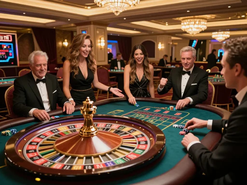 Players enjoying roulette at a luxurious casino table, highlighting 68win's exciting gaming atmosphere.