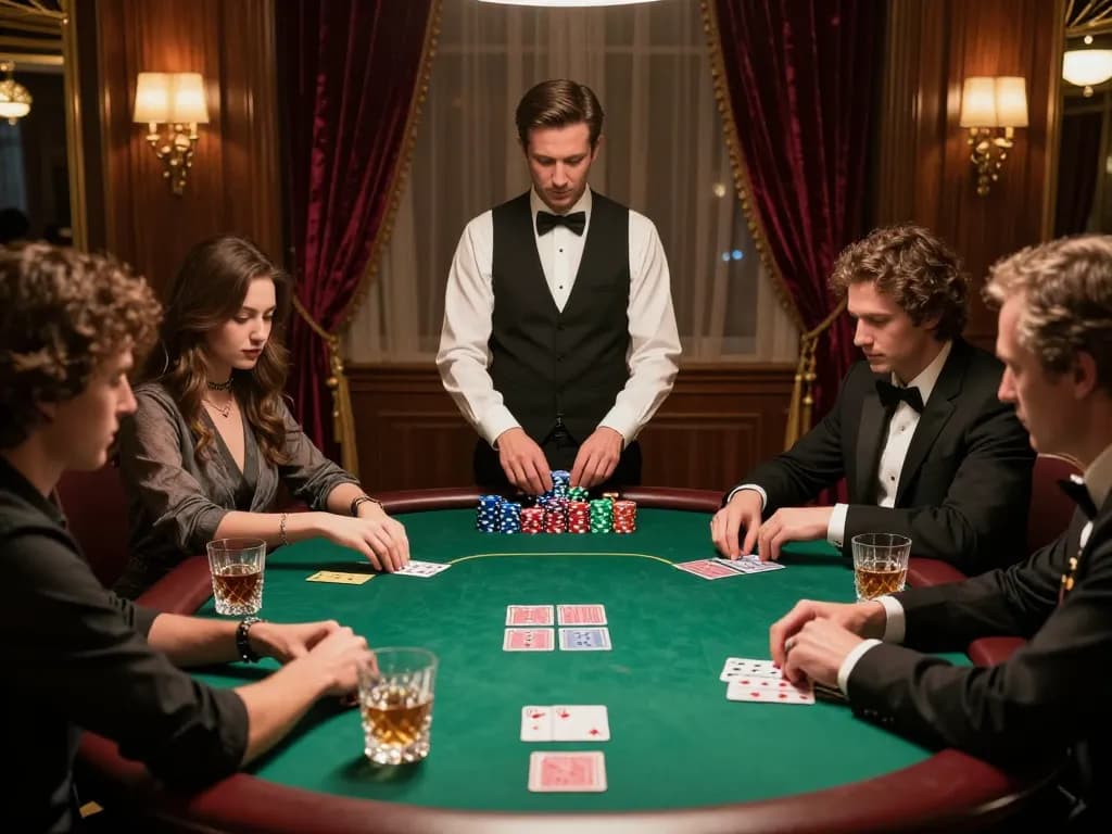 Playing poker in luxurious setting at go8 com with chips stacked and players engaged.