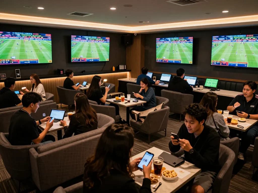 Engaged bettors using the Keo nha cai 5 app in a modern sports betting lounge atmosphere.