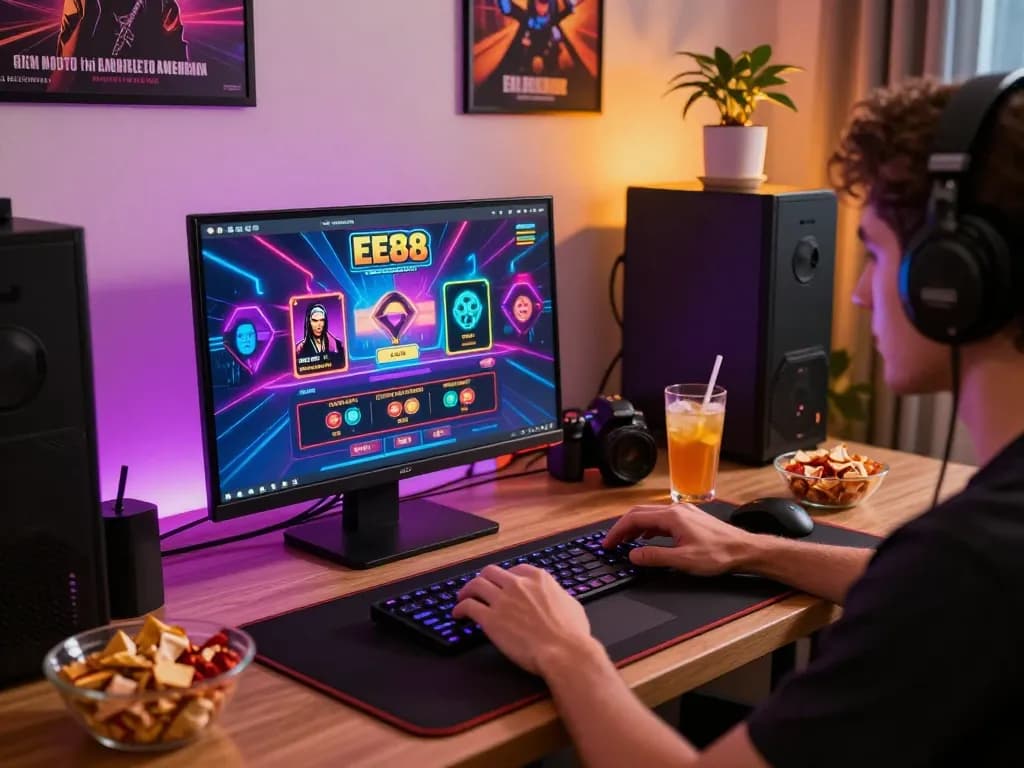 Player engaging with online casino games on EE88 while enjoying a cozy home setting.