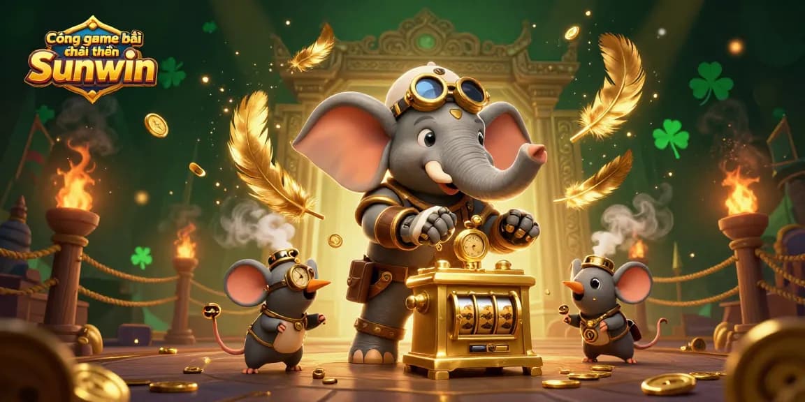 Engaging action at Cổng game bài đổi thưởng Sunwin, where a clever steampunk elephant operates an ornate slot machine.