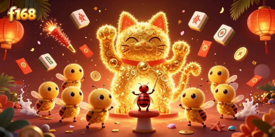 Experience the excitement of f168 with a vibrant 3D illustration showcasing a lucky cat and casino symbols.