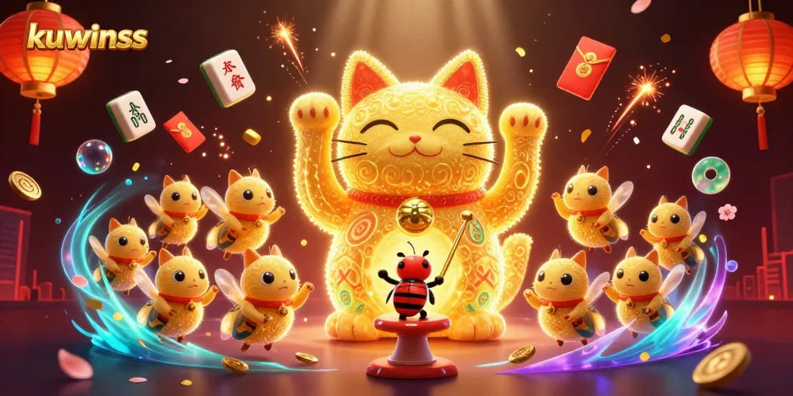 Experience thrilling gaming with kuwinss as colorful fireflies form a lucky cat amidst vibrant casino symbols.