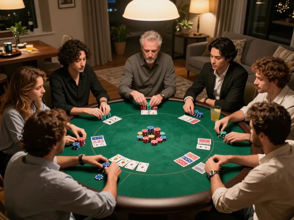 Engaged players enjoying their peri11 home poker night, focused on strategies with colorful chips and cards.