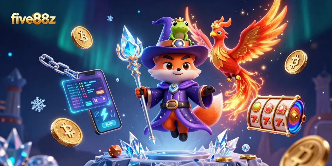 Experience the magic of five88z with a mystical fox wizard, vibrant slots, and cryptocurrencies illuminating the scene.