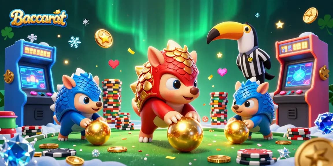 Baccarat pangolins compete in a colorful casino scene with vibrant gaming elements.