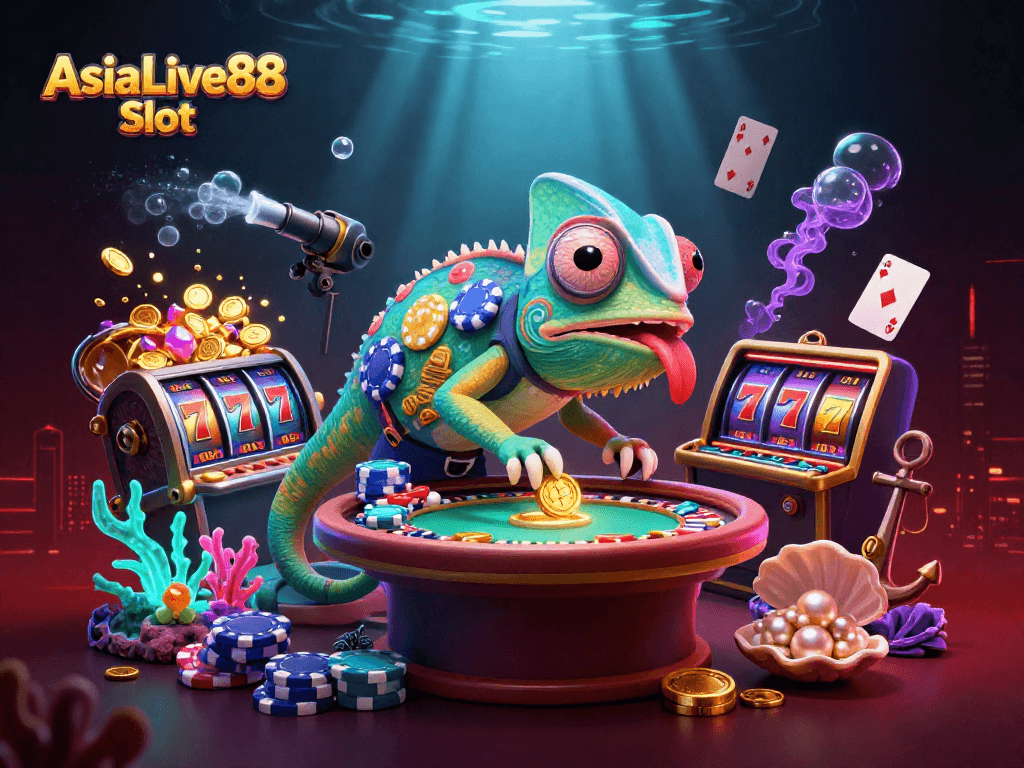 Spin the AsiaLive88 Slot with a vibrant underwater casino scene featuring colorful chameleon and gold treasures