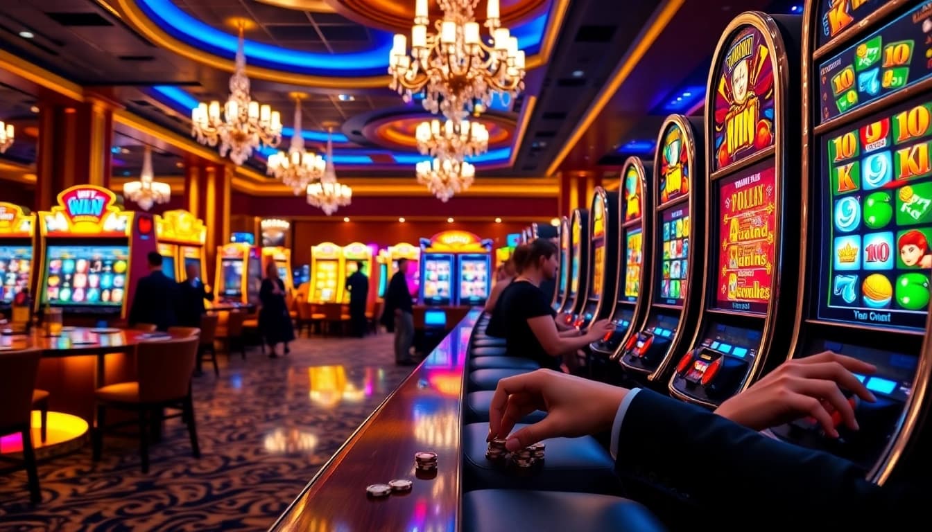 Playing thrilling idn slot games at a luxurious casino with exciting visuals.