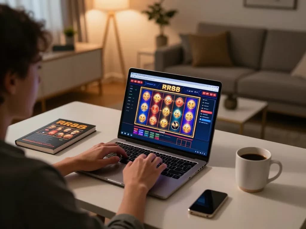 Engaging online gambling session at RR88 with vibrant slot game interface on laptop.