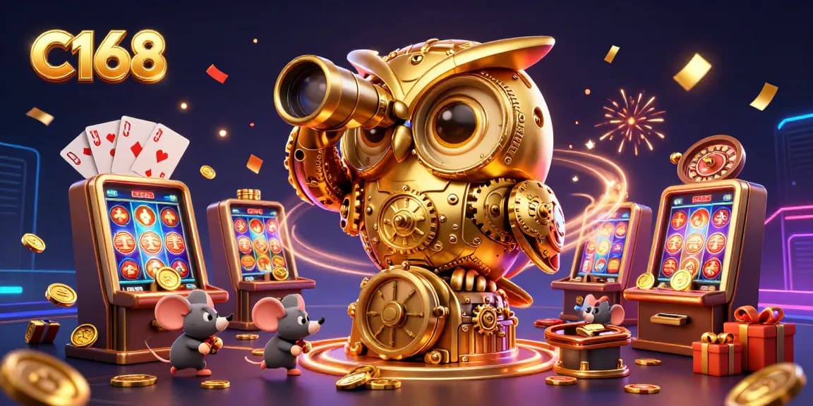 C168 captures thrilling moments in a vibrant casino scene featuring a golden owl and animated game elements.