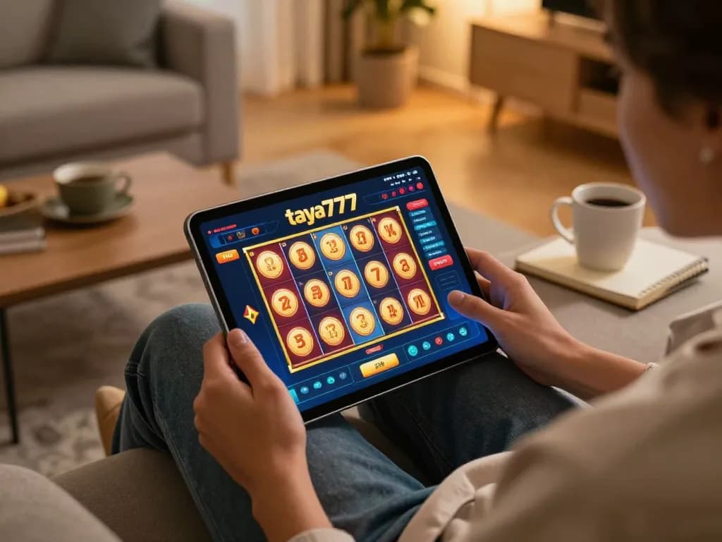 Engaged player using the taya777app to play slots on a tablet in a cozy home setting.
