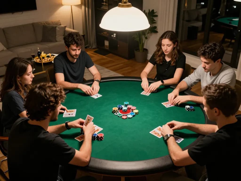 Players enjoying a poker night at home with Leci123 site strategies, focused on gameplay and social interaction