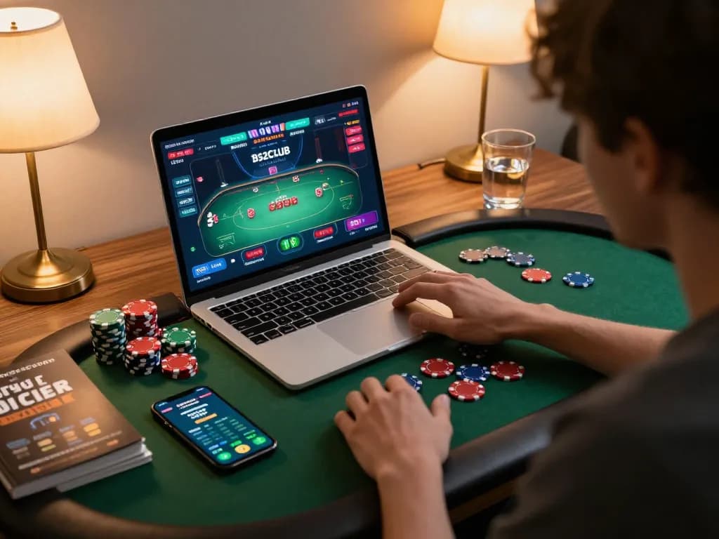 Engaging in B52CLUB online poker strategies at a stylish desk with chips scattered around