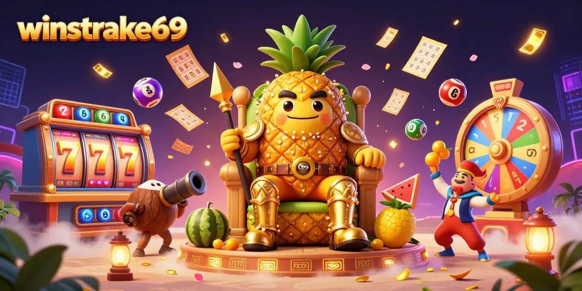 Experience the thrilling excitement of winstrike69 with vibrant casinos showcasing colorful lottery balls, golden bingo cards, and lively characters.