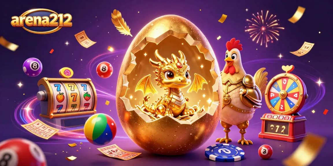 Arena212 menunjukkan naga emas dari telur dengan chip poker dan elemen permainan kasino, meriah dan menarik.