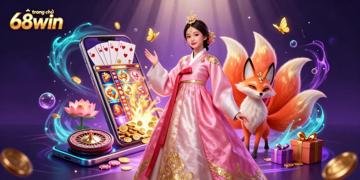 Explore thrilling gameplay at trang chủ 68win with a rich visual of a lady and a lucky fox amidst casino elements.