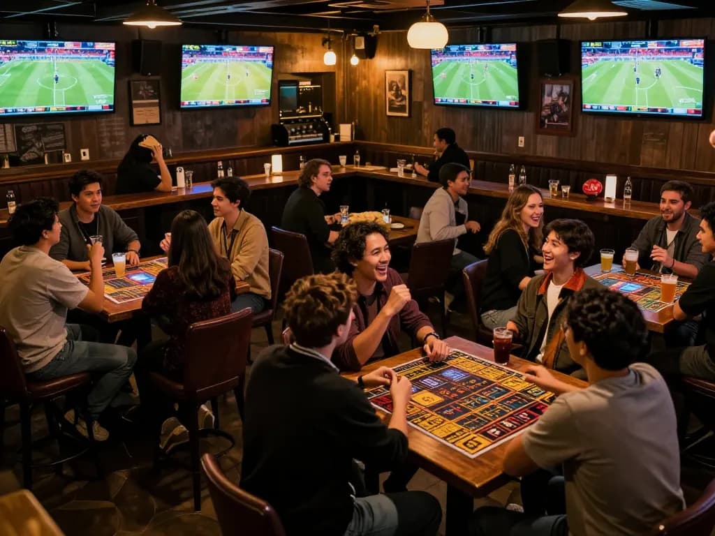 Engaged patrons checking toto sgp betting slips at a lively sports bar during a big game.