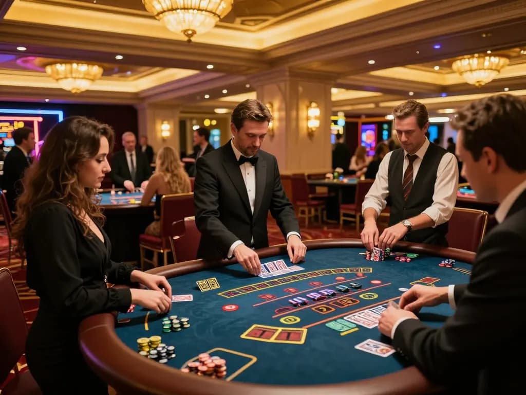 Players strategizing at a blackjack table while enjoying the vibrant casino atmosphere at mm88 for a thrilling night.
