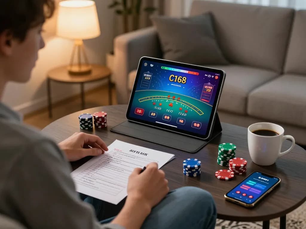 Player enjoying a focused moment with the C168 app for online gambling, surrounded by strategies and poker chips.