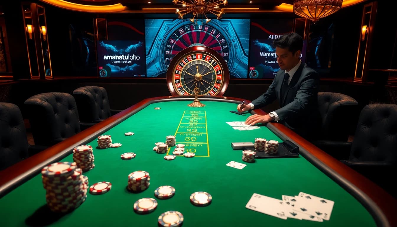 Amanahtoto players engaging in high-stakes poker at a luxury casino table.
