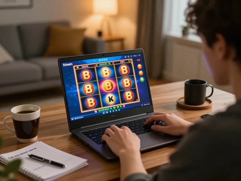 Player enjoying kkwin online casino games on a laptop, emphasizing a strategic gaming experience.