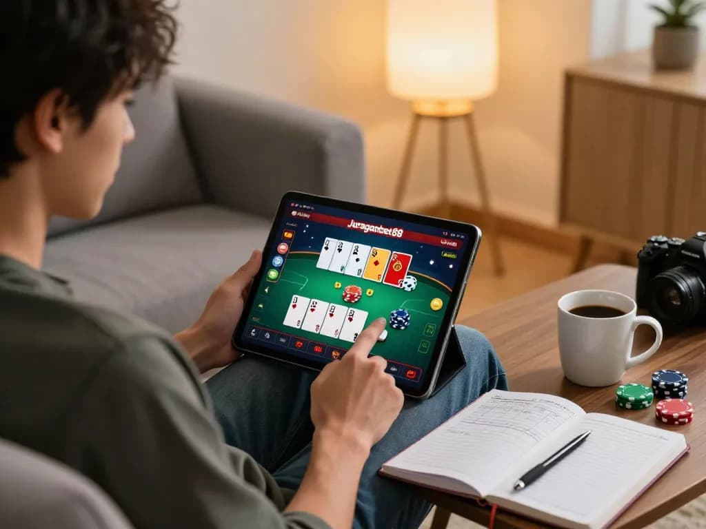 Engaging with Juraganbet88 poker game on a tablet in a cozy home environment.