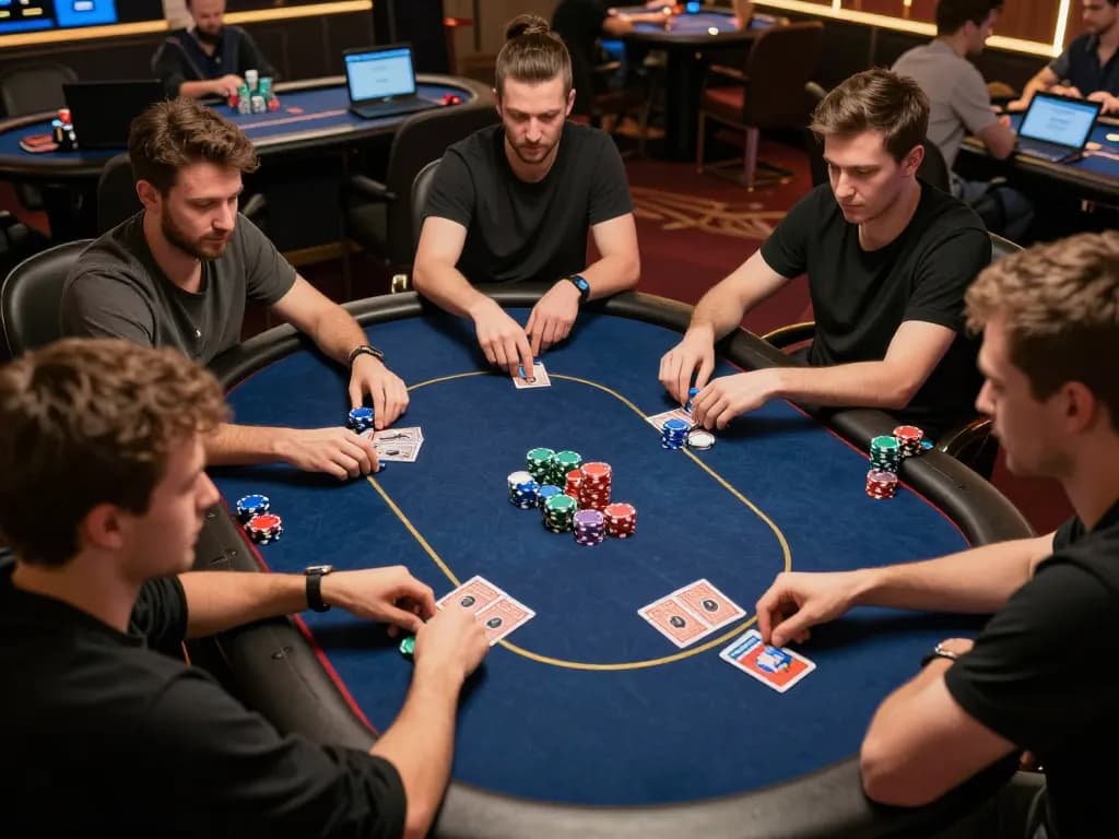 Rikvip players strategizing in an online poker game, showcasing colorful chips and intense focus.