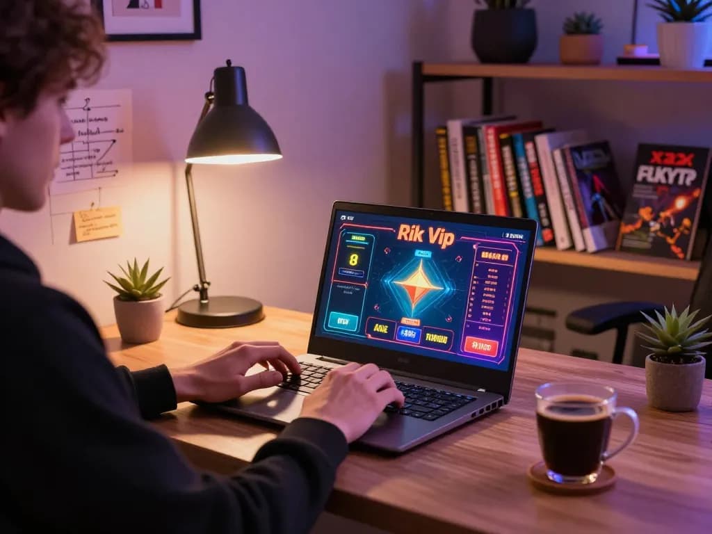 Engaged player enjoying rik vip online casino game in a cozy home setting with strategic notes.
