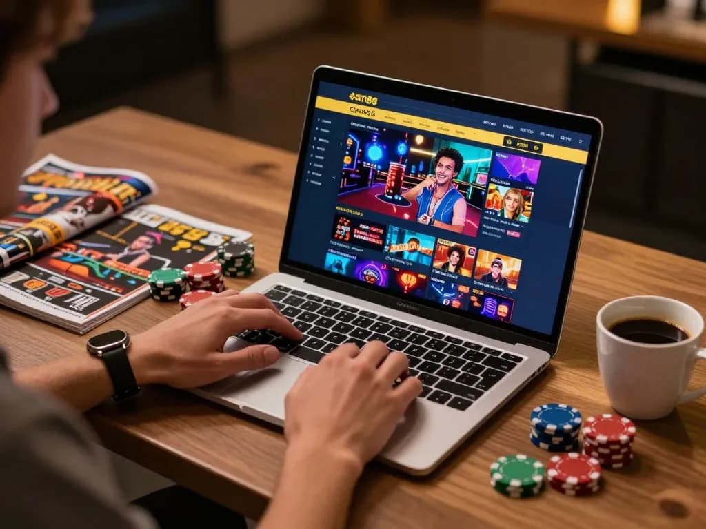 Engaged player using open88 platform for online casino gaming, laptop screen showing vibrant casino interface and poker chips.