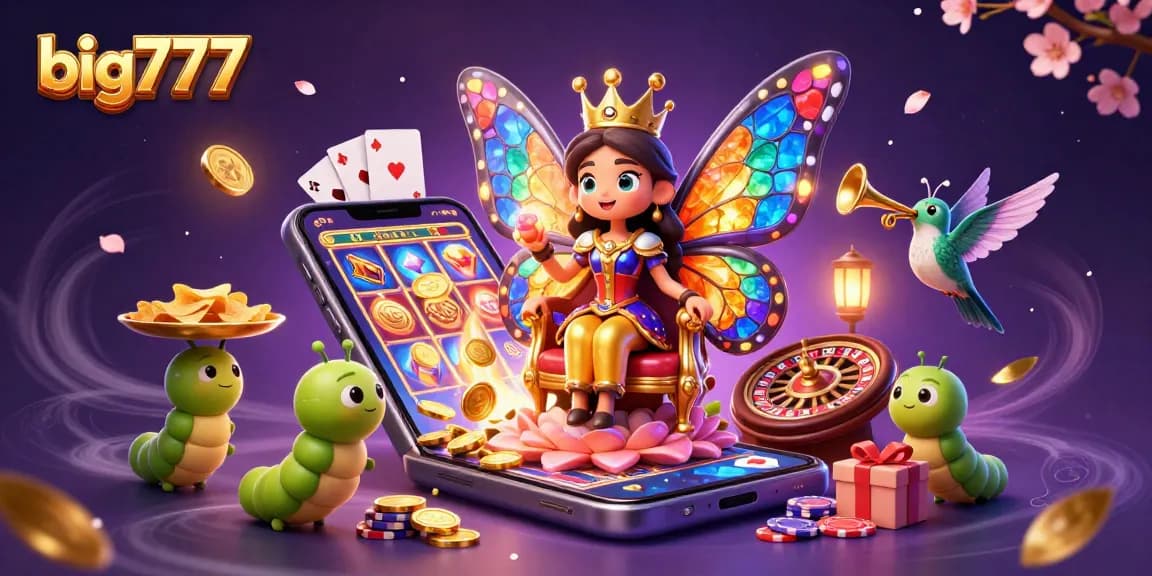 Experience the enchanting world of big777 with a vibrant butterfly queen and magical casino elements.
