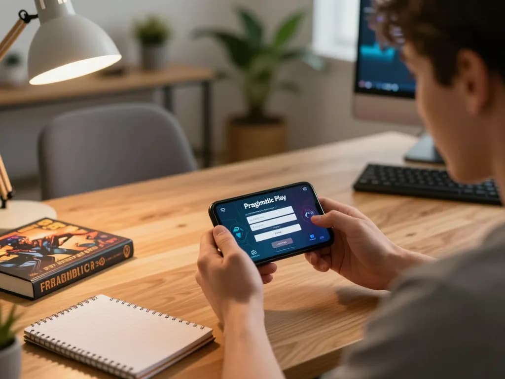 Engage with Pragmatic Play Login as a player strategizes in a cozy home gaming setup, promoting responsible gambling.