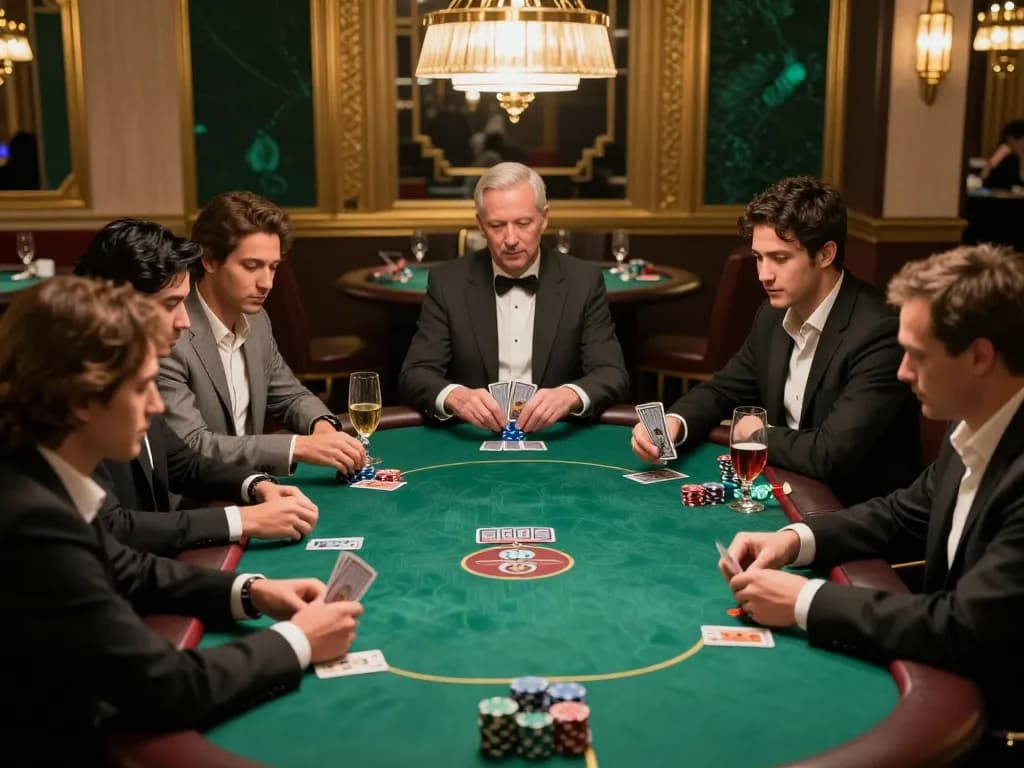 Players strategizing at TR88 poker game night with elegant table setting and betting chips.