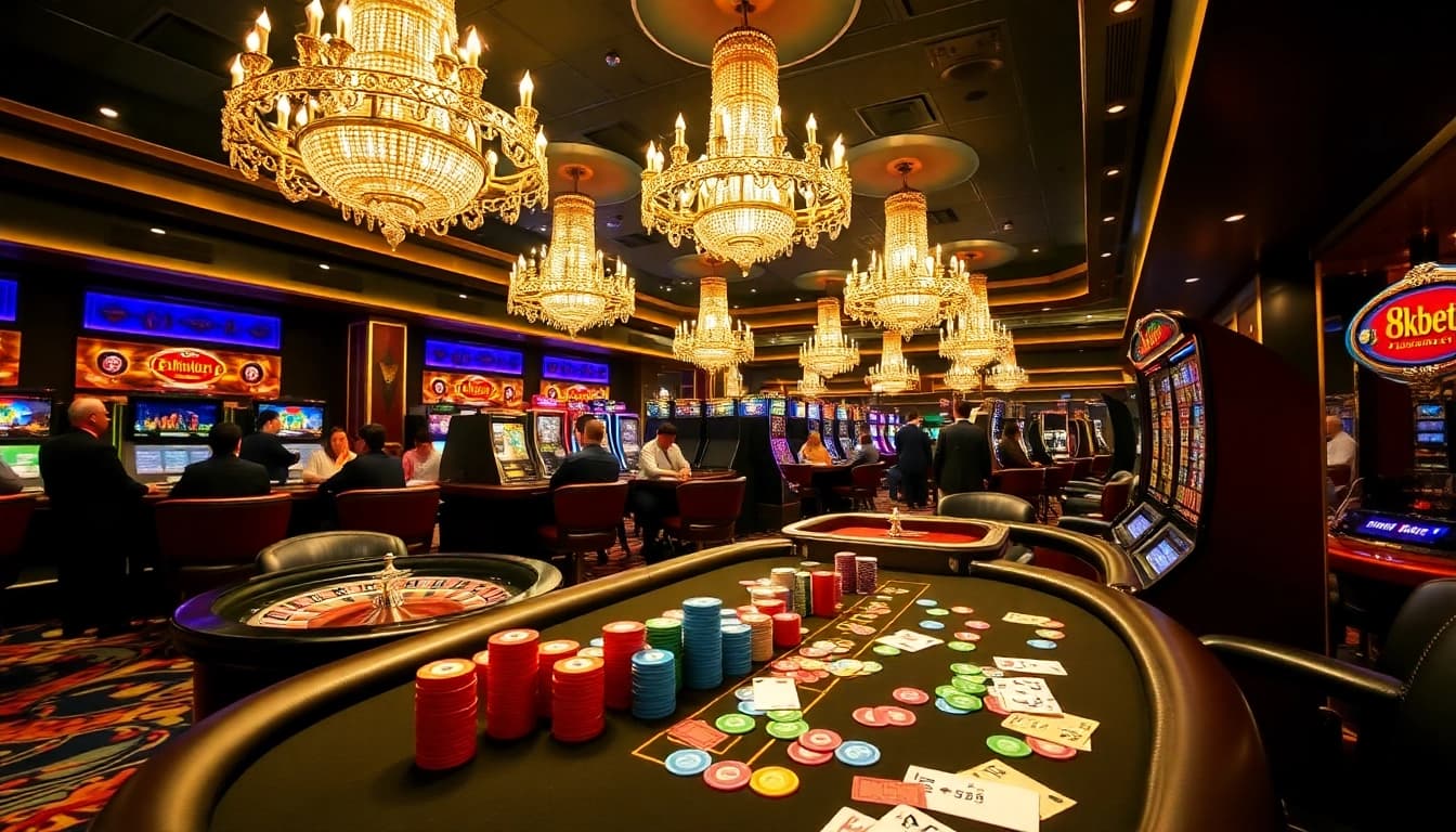 Experience the excitement of gambling at 8kbet with vibrant poker tables and roulette wheels.