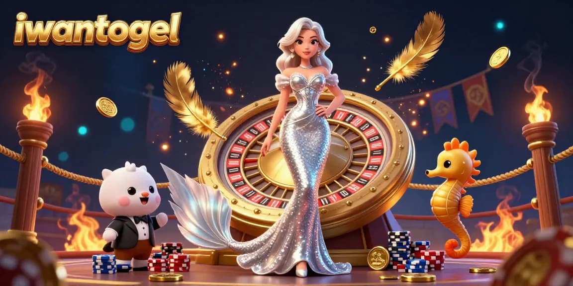 Engage in thrilling gameplay at iwantogel with a stunning 3D scene featuring a glamorous character and a roulette wheel.