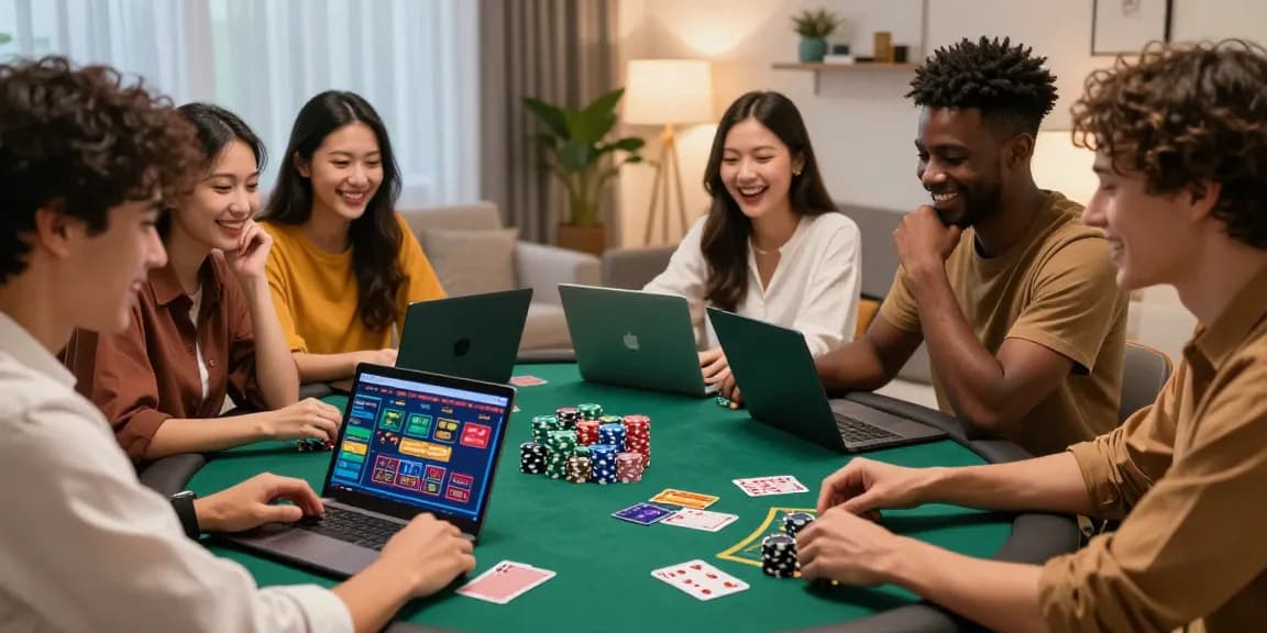 Friends enjoying gaming at home using credit card casinos at https://eccleshallparishcouncil.co.uk, vibrant setup with cards and chips.