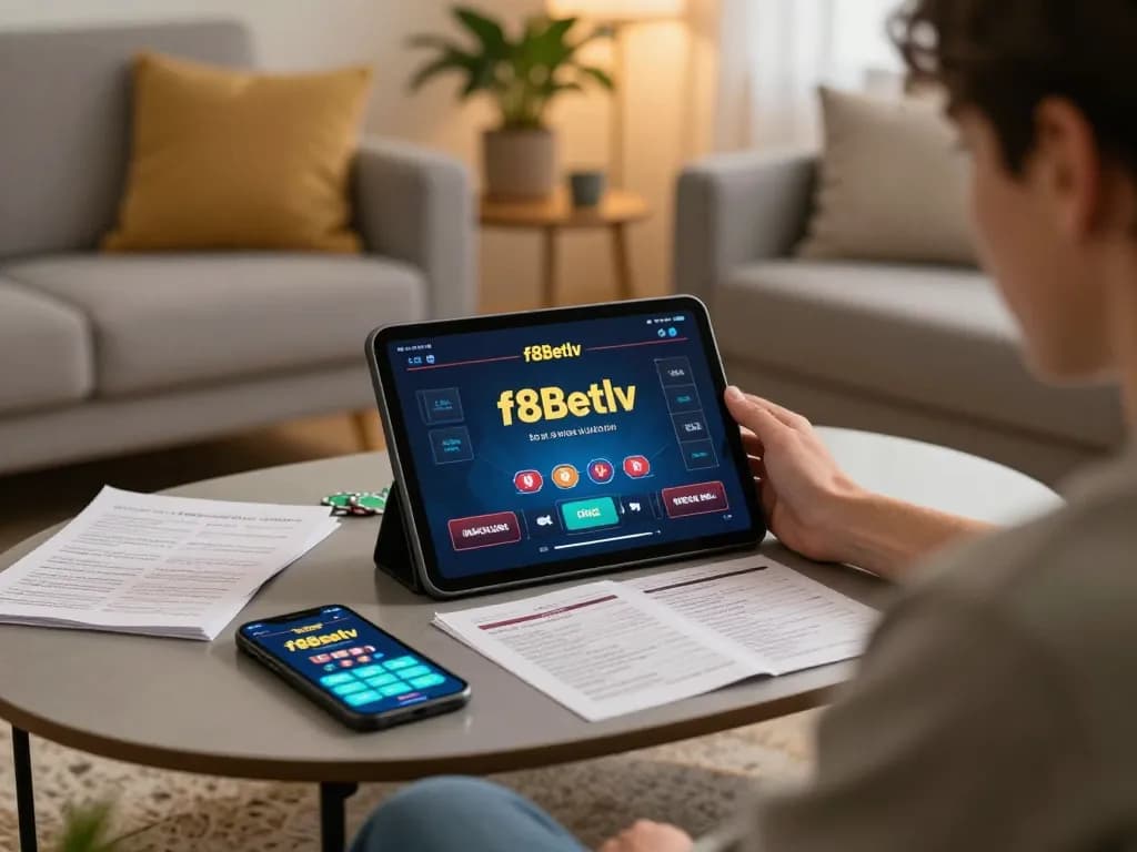 Engaging online gaming moment with f8betlv app on tablet in cozy living room.