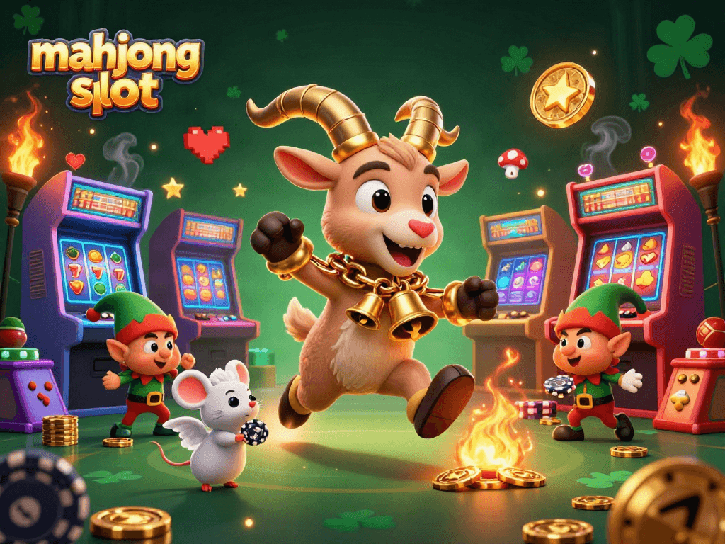 Experience the excitement of mahjong slot games with lively characters in a festive casino scene.