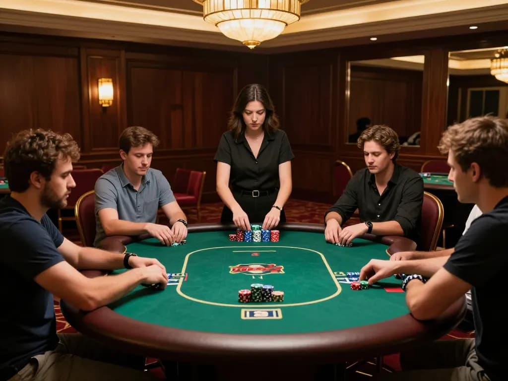 Players strategizing in a high-stakes poker game at MM 99 casino with a luxurious atmosphere.