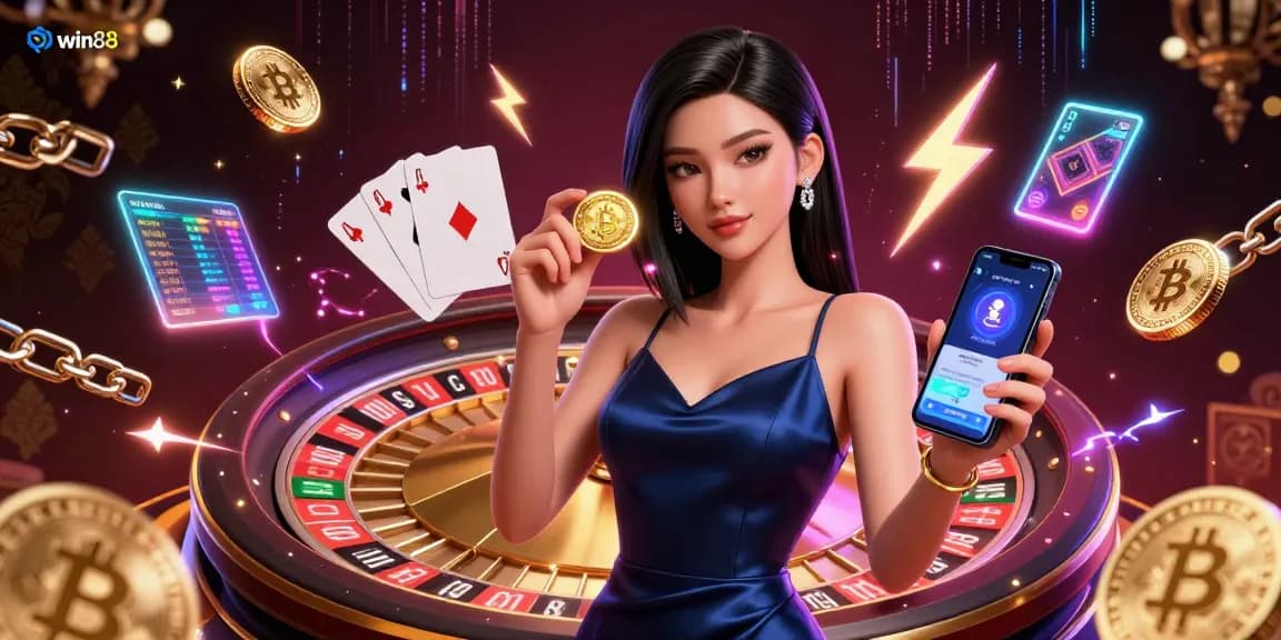 Experience vibrant gaming action with win88's stunning visual of a confident woman holding a golden chip and smartphone in a dynamic casino scene.