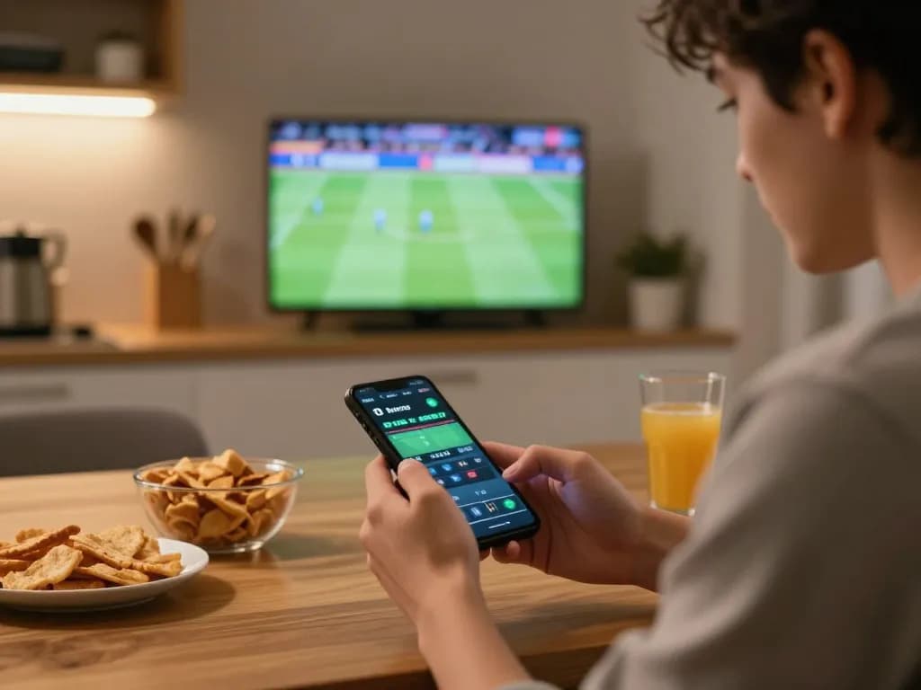 Engaged user checking kèo nhà cái odds on smartphone during sports match.