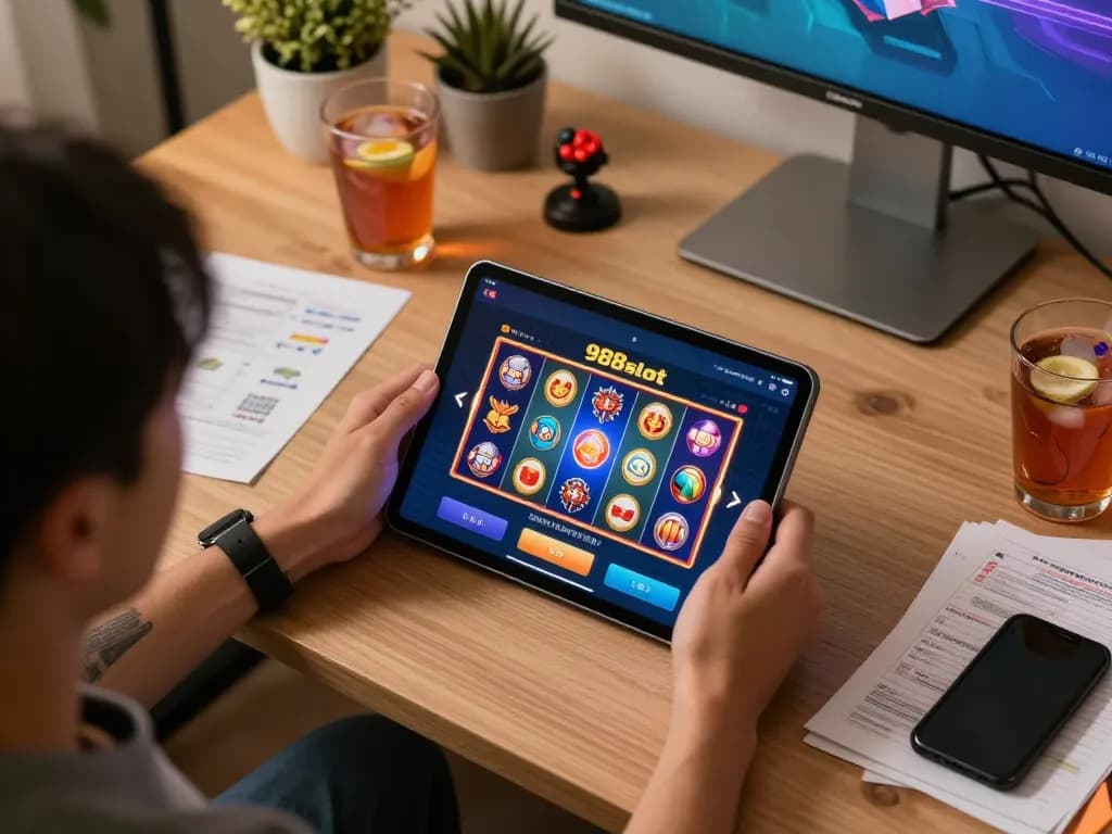 Engaging with the 988slot app on a tablet in a cozy home office, showcasing responsible gaming.