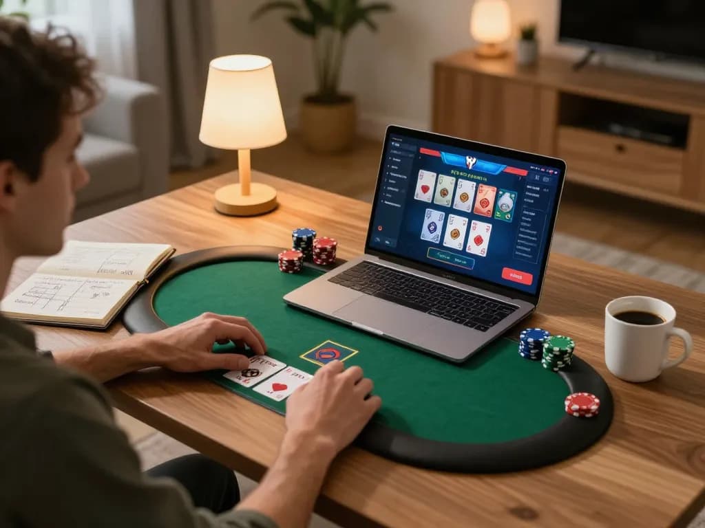 Player engaging in online poker at RR88, showcasing strategic gameplay in a cozy home setting