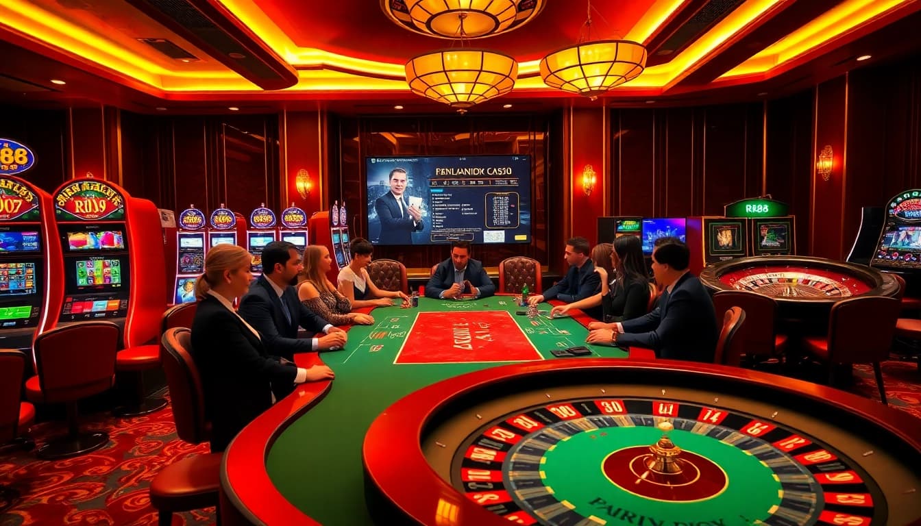 RR88 players engaged in thrilling poker action at a vibrant casino table.