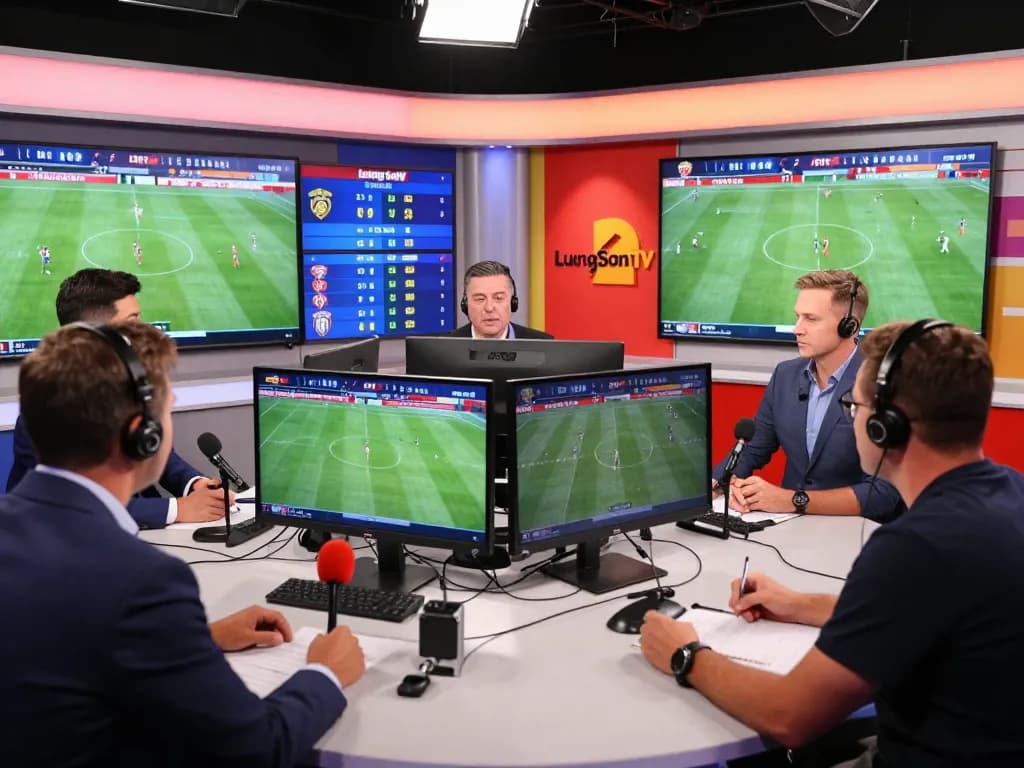 Live football commentary at LuongSonTV featuring diverse team, monitors showcasing matches and stats.