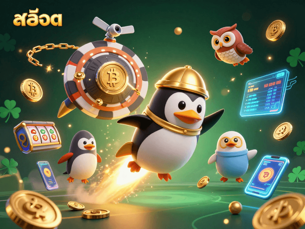 Engage with สล็อต action in this vibrant 3D illustration featuring a golden penguin and casino elements.