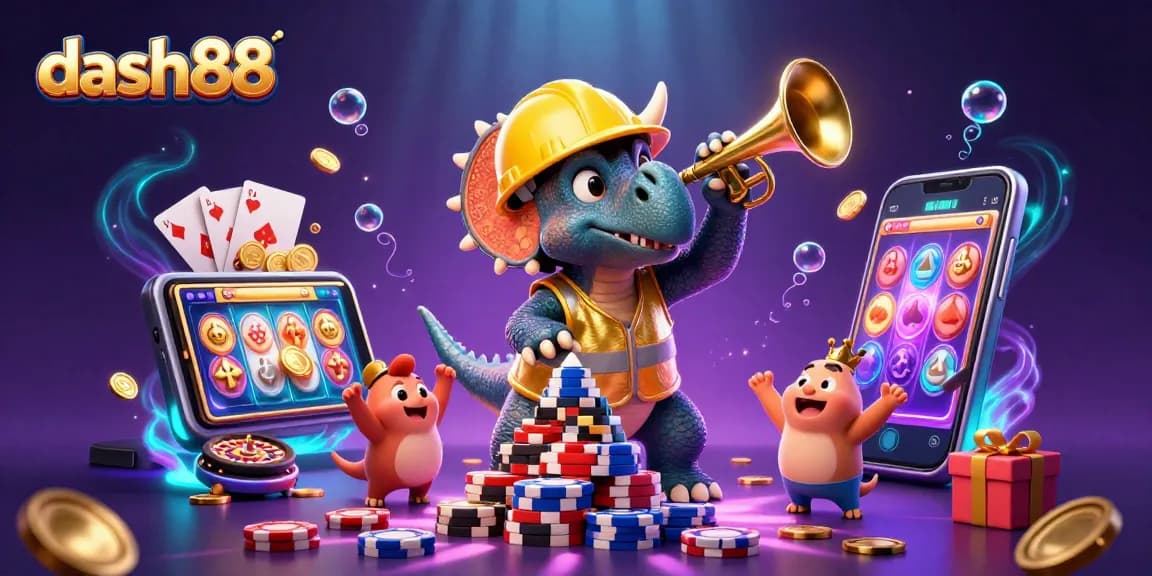 Experience thrilling gambling with dash88 in this vibrant 3D casino scene featuring cheerful characters.