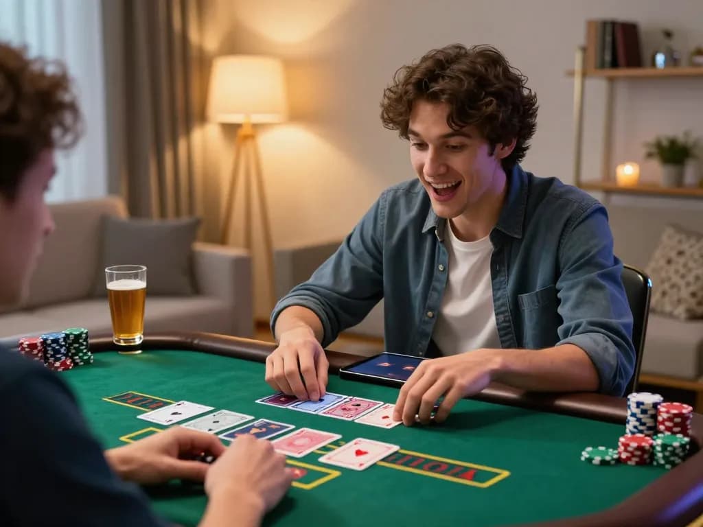 Player engaged in a thrilling hi88 live baccarat game on a tablet, showcasing online gambling excitement.
